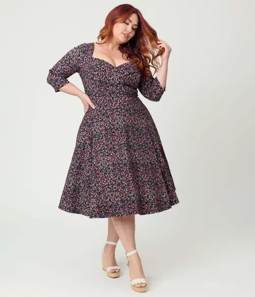 Plus Size Pleated Bust Swing Dress in Blue Green W/Dragonfly Brooch