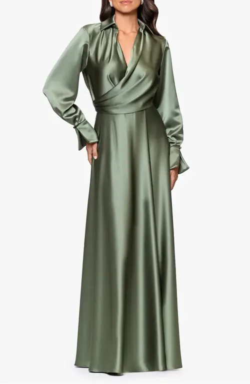 Spread Collar Long Sleeve Satin Gown by Xscape Evenings