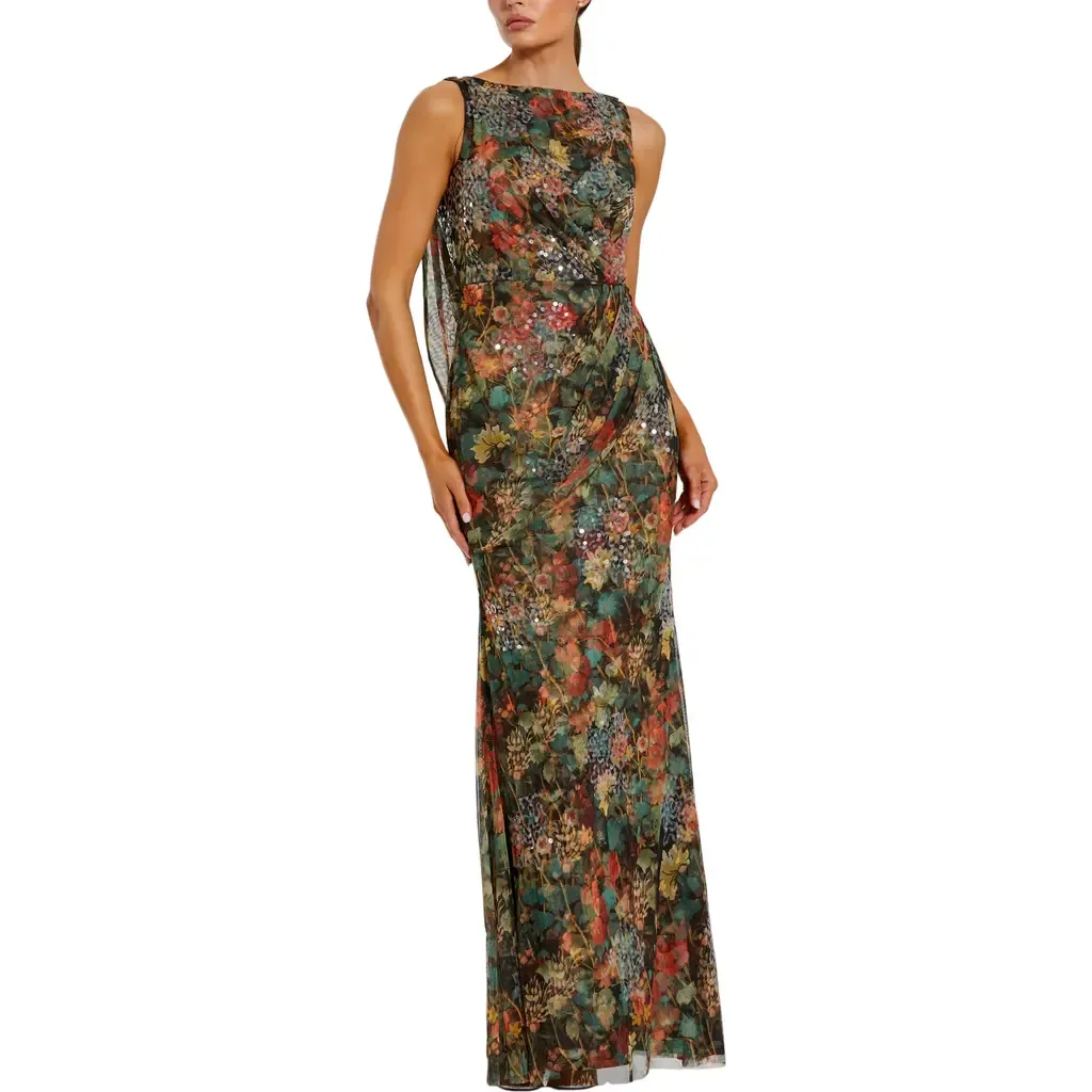 High Neck Printed Mesh Cowl Back Column Gown by Mac Duggal