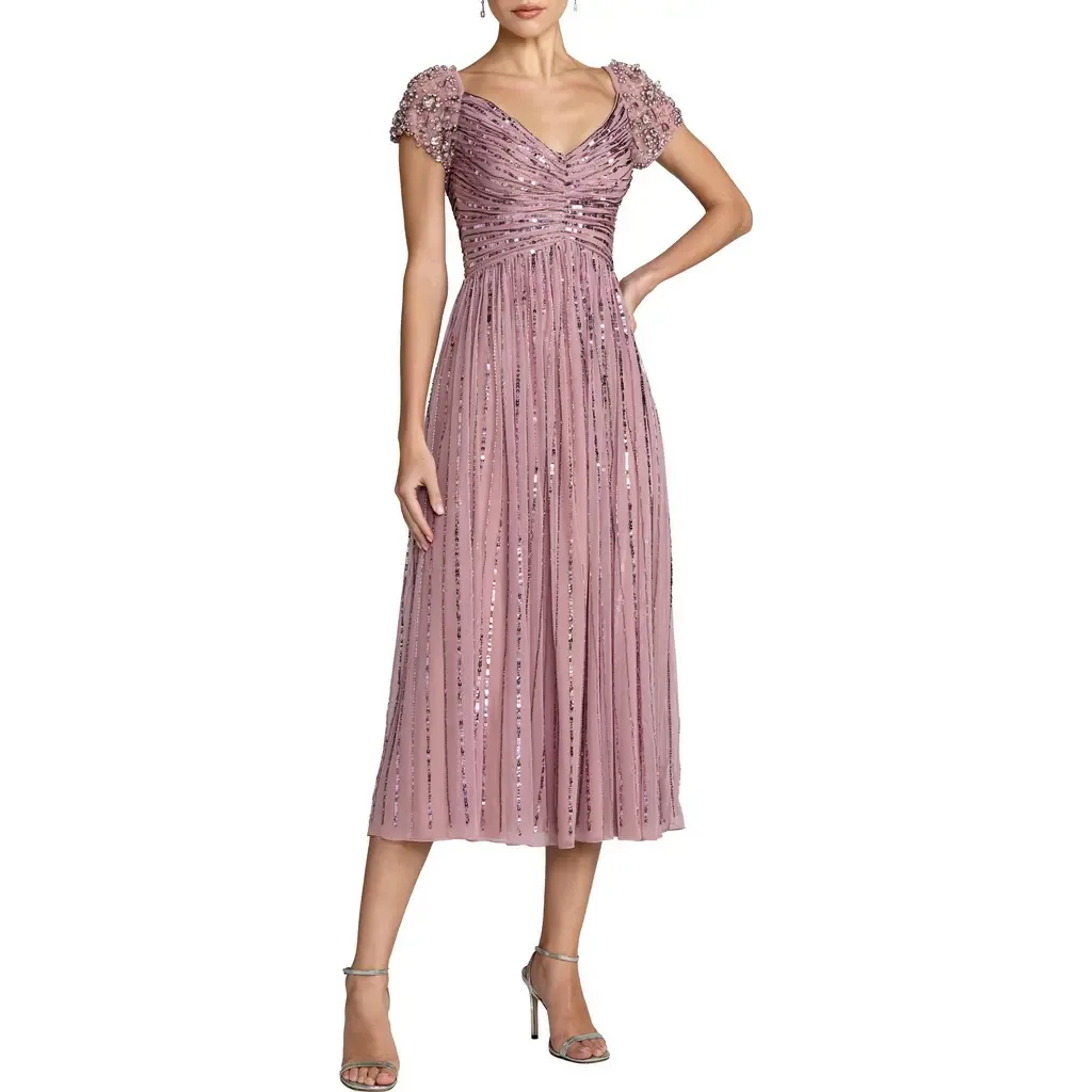 Beaded Sequin V Neck Cap Sleeve Midi Dress by Mac Duggal