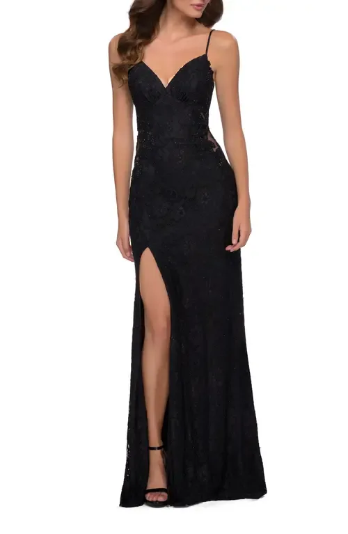 Sleek Lace Long Dress with Sheer Sides and Open Back by La Femme