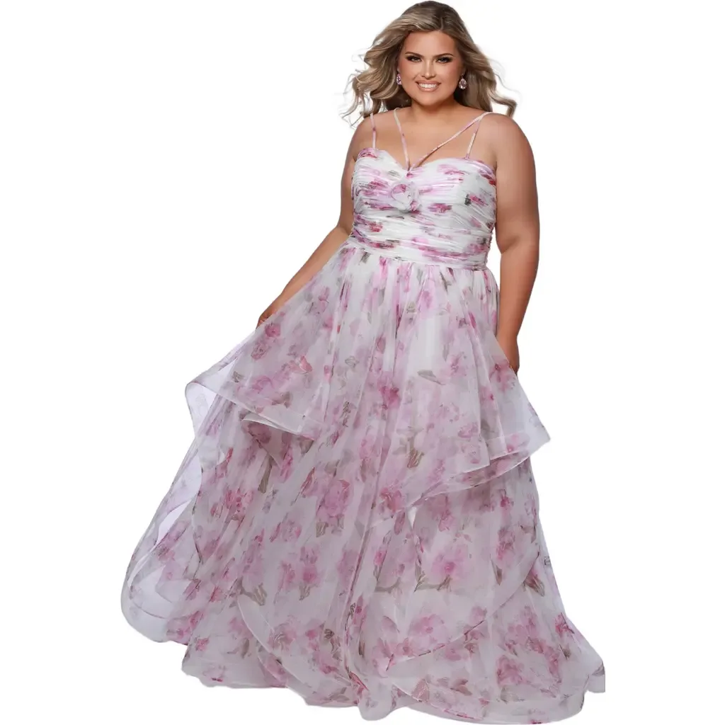 Pleated Tiered Floral A-Line Gown