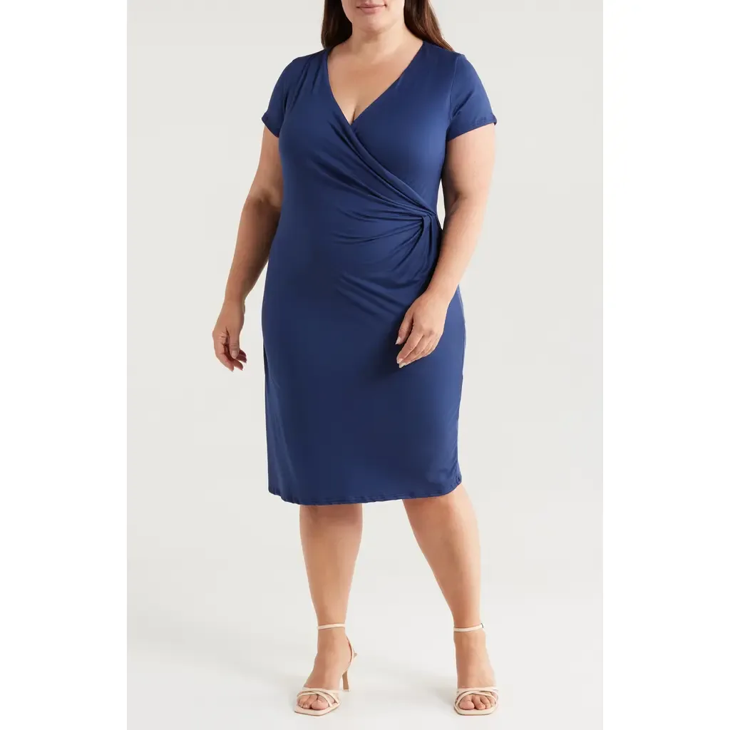 V-Neck Stretch Faux Wrap Dress by 24seven Comfort Apparel