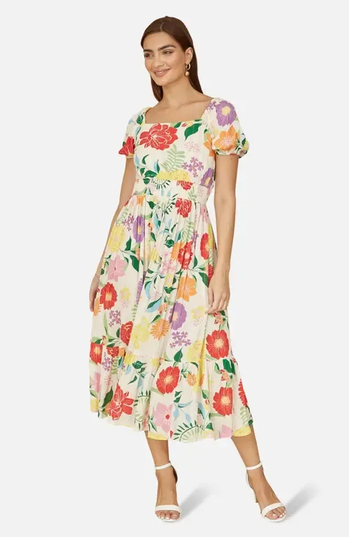 Short Sleeve Square Neck Midi Dress by Yumi