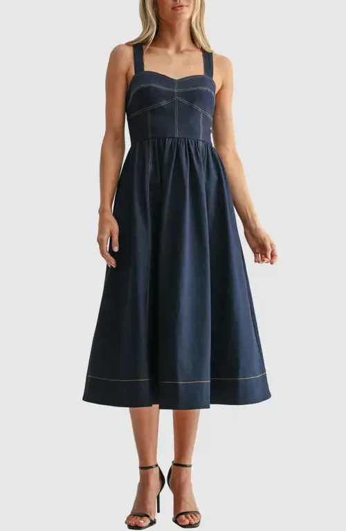 Sweetheart Neck Fit & Flare Denim Midi Dress by Mila Mae