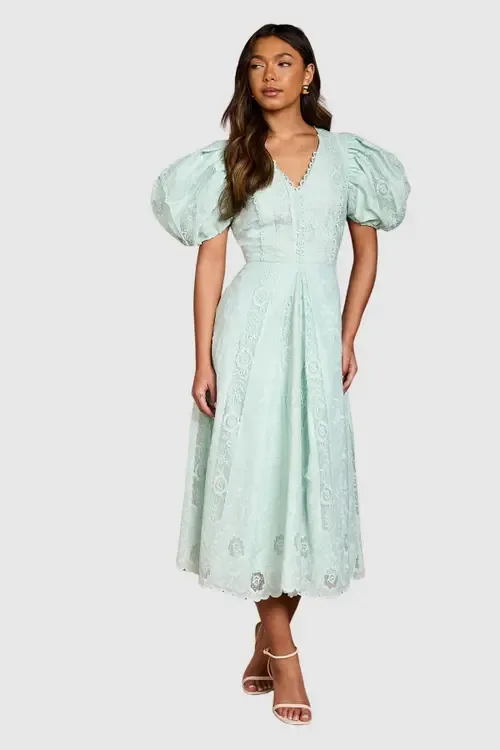 Lace Puff-Sleeve V-Neck Midi Dress