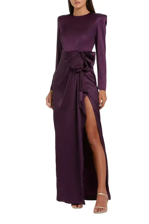 Long Sleeve Satin Structured Bow Draped Column Gown by Mac Duggal