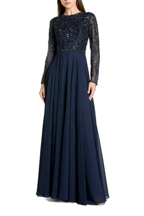 Embellished Lace Long Sleeve Gown with Chiffon Skirt by Mac Duggal