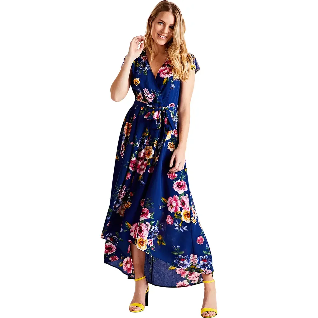 Floral Print Dipped Hem Wrap Midi Dress by Yumi