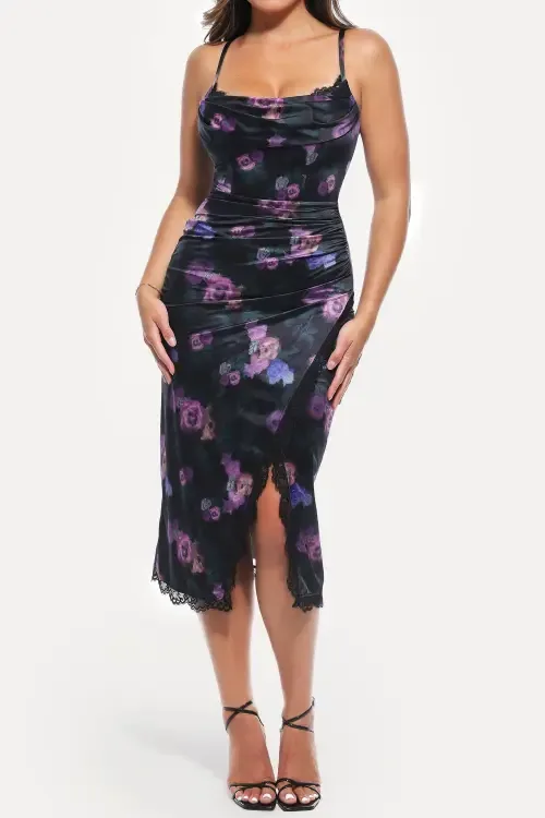 Resort-Ready Lace Trim Sculpting Floral-Print Midi Shaper Dress by Popilush