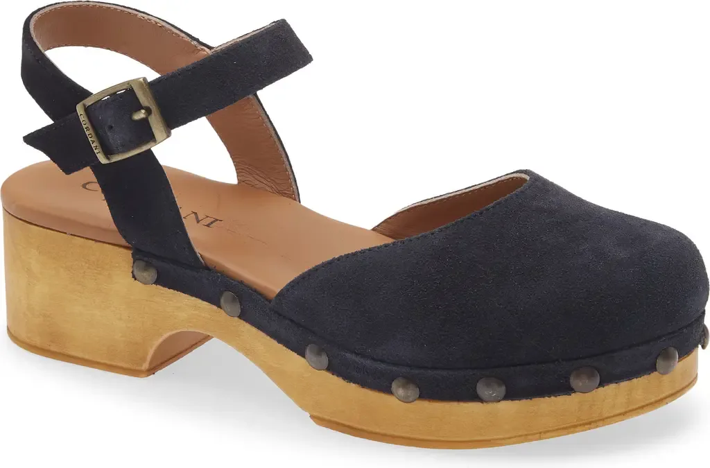Winston Ankle Strap Platform Clog in Navy Suede by Cordani
