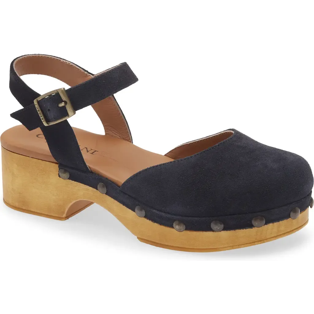 Winston Ankle Strap Platform Clog in Navy Suede by Cordani