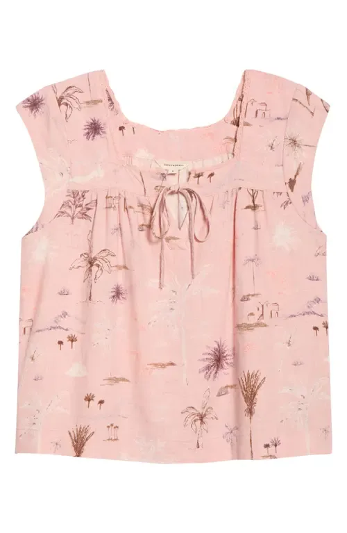 Lace Trim Tie Neck Linen Blend Top by Lucky Brand