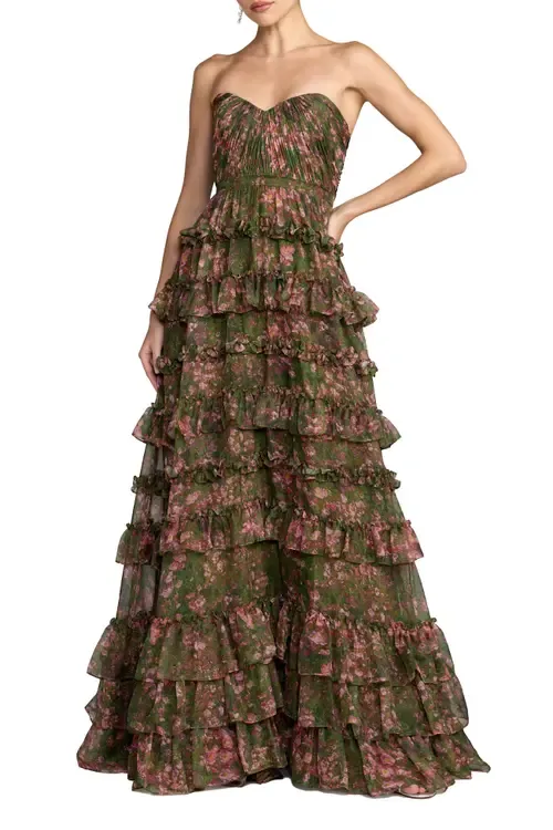 Strapless Floral Print Tiered Ruffle Ball Gown by Mac Duggal