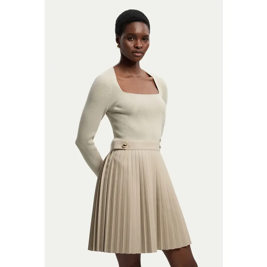 Square Neck Pleated PU Skirt Mini Dress - Stone by Karen Millen