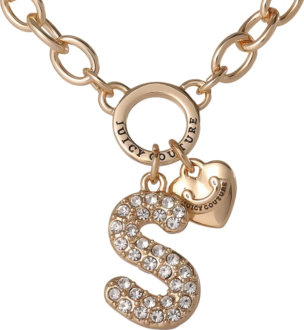 Bubble Letter Necklace with Clear Stones 18"+2", Chunky Initial Necklace Gold-Tone by Juicy Couture