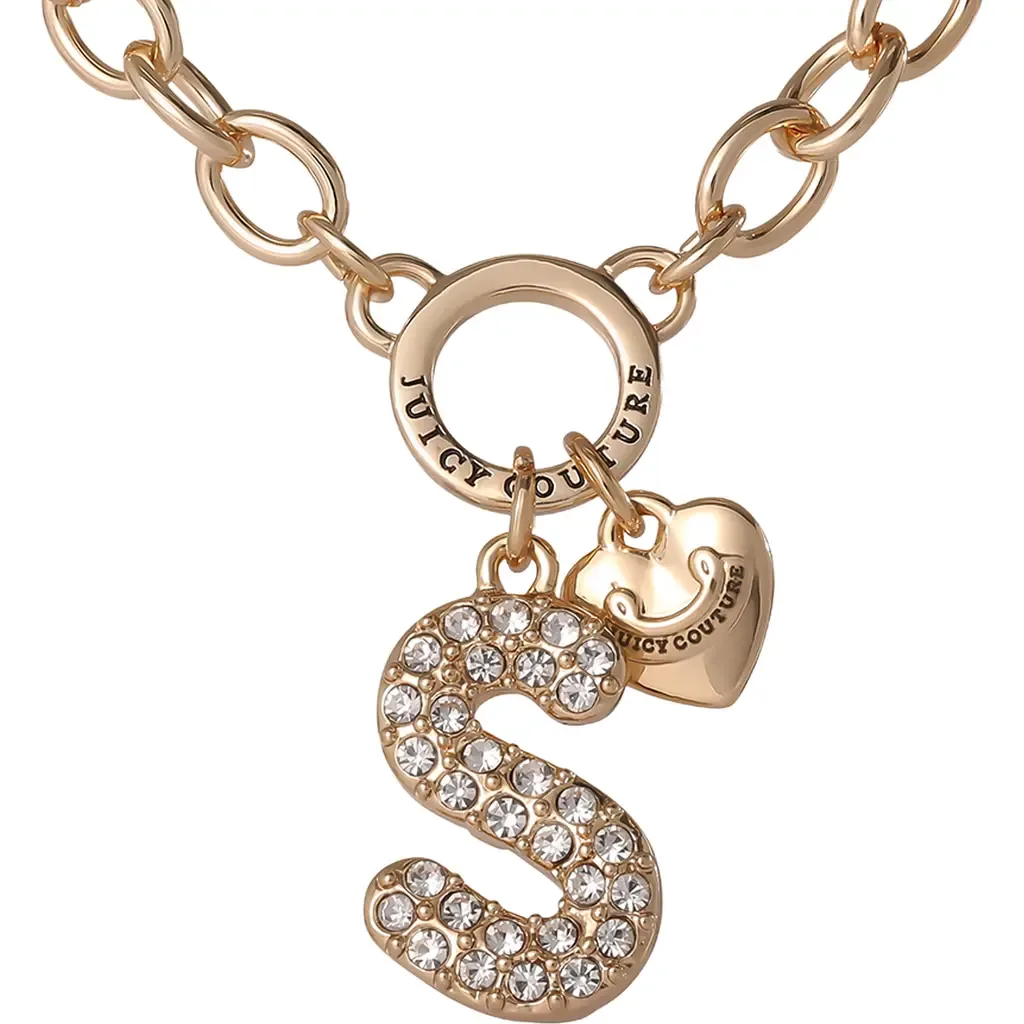 Bubble Letter Necklace with Clear Stones 18"+2", Chunky Initial Necklace Gold-Tone by Juicy Couture