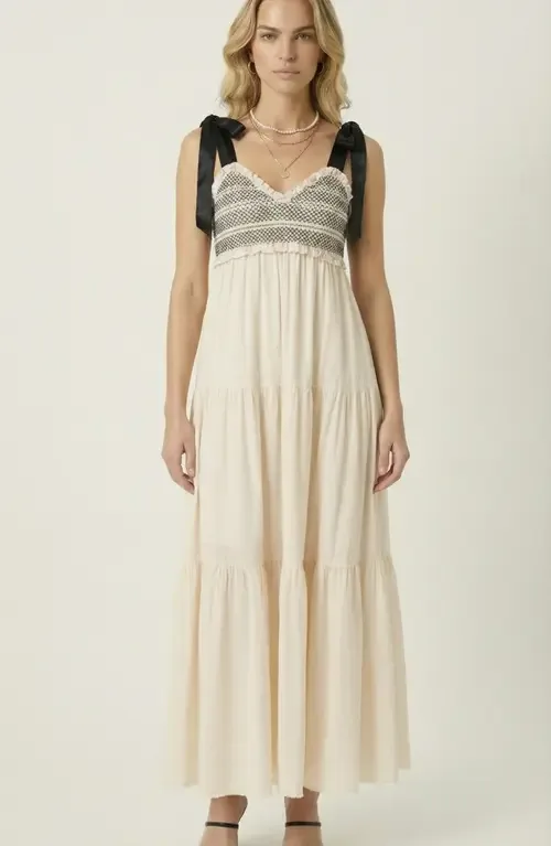 Smocked Lace-Trim Maxi Dress by Modenaire