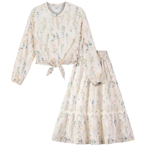 Floral Woven Tie Front Elastic Waist Shirt and Skirt Set by Aspect