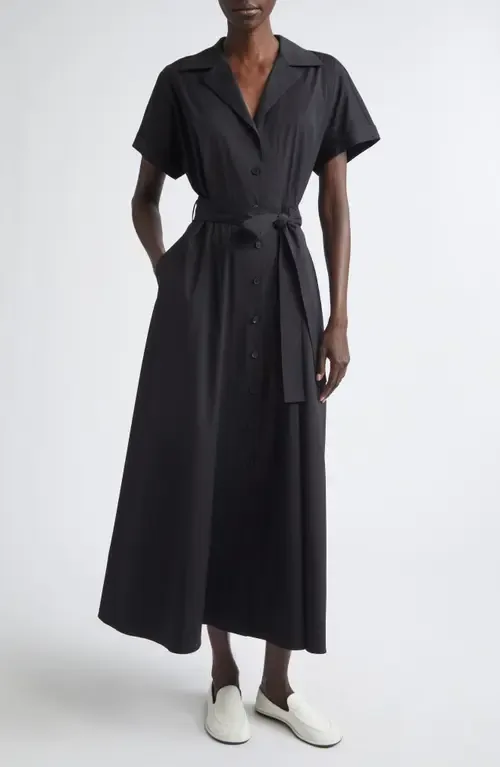 Belted Stretch Cotton Blend Shirtdress