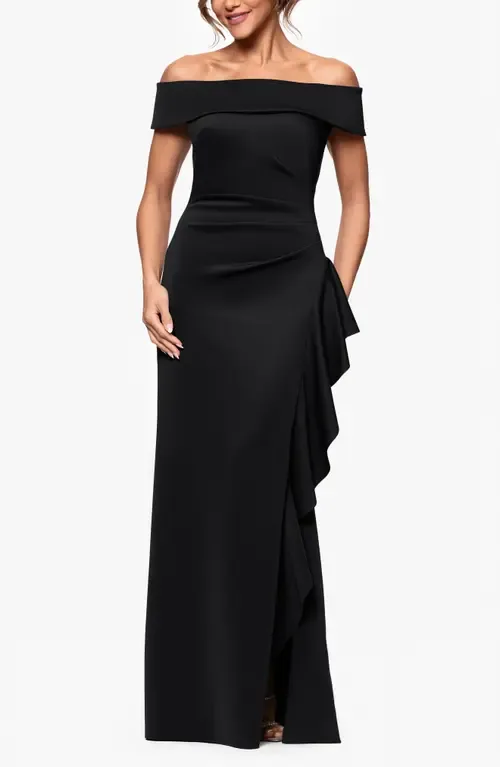 Ruffle Off the Shoulder Scuba Knit Gown by Xscape Evenings