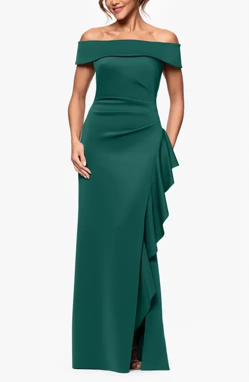 Ruffle Off the Shoulder Scuba Knit Gown