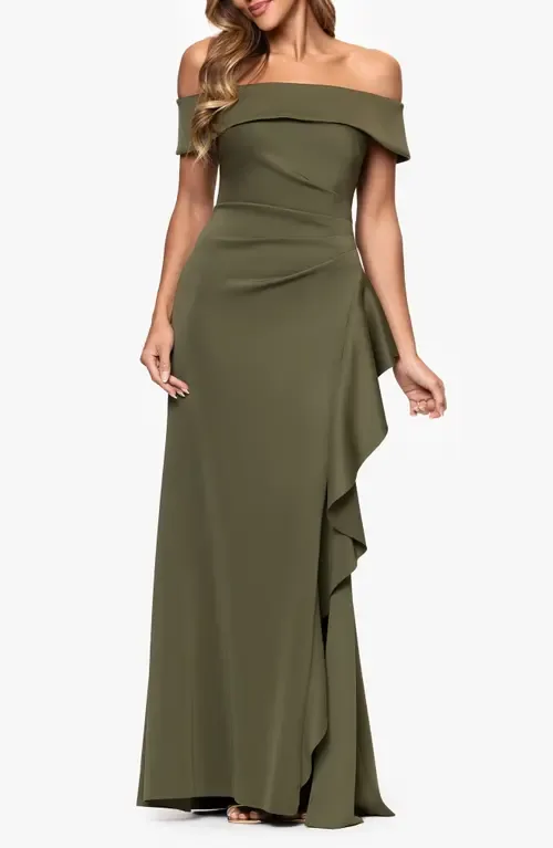 Ruffle Off the Shoulder Scuba Knit Gown