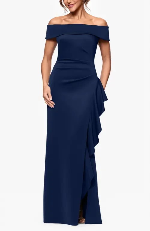 Ruffle Off the Shoulder Scuba Knit Gown