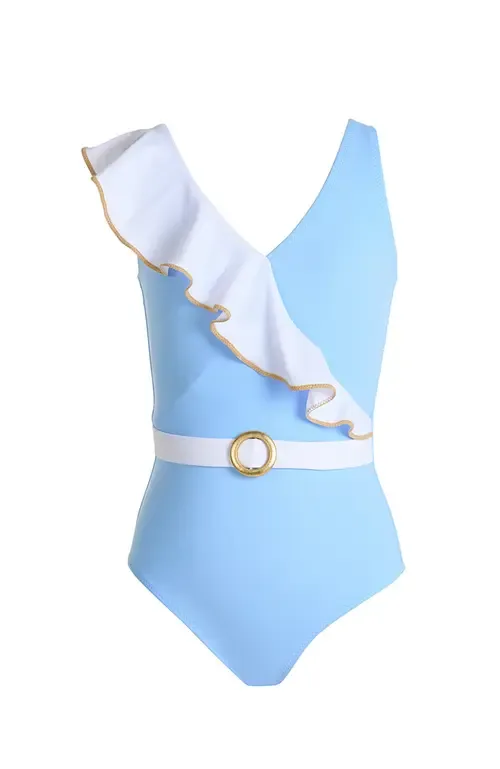 Asymmetric Ruffle Gold Piping and Ring Buckle One-Piece Swimsuit by NESSI BYRD