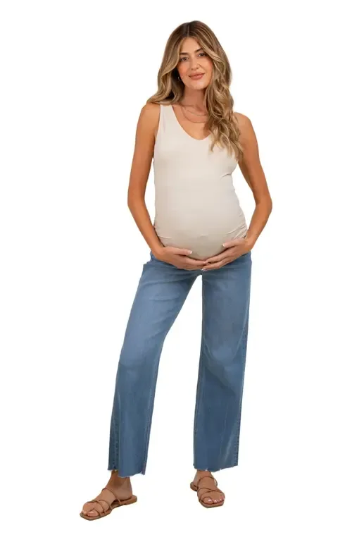 Raw Hem Ankle Slim Wide Leg Maternity Jeans by PinkBlush
