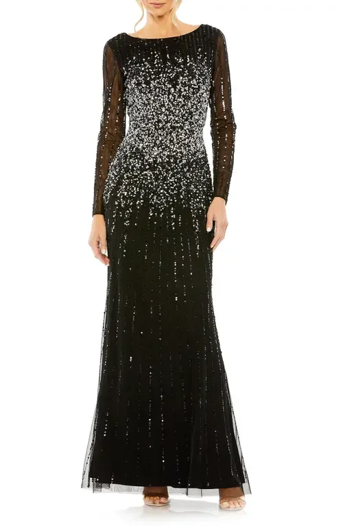 High Neck Sequin Embellished Long Sleeve a Line Gown