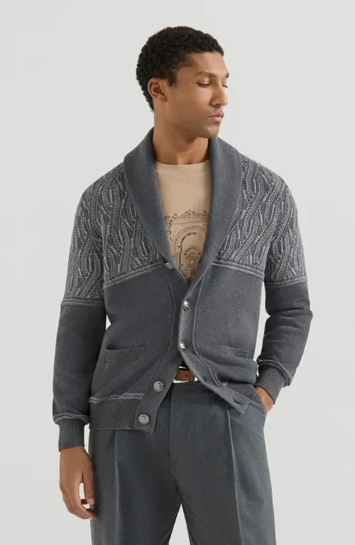 Cotton Shawl Collar Cardigan with Jacquard Cable Shoulder by Brunello Cucinelli