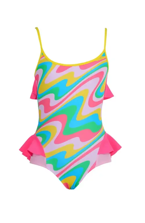 Sporty Multi-Color Neon Orbit Side Ruffles One-Piece Swimsuit by NESSI BYRD