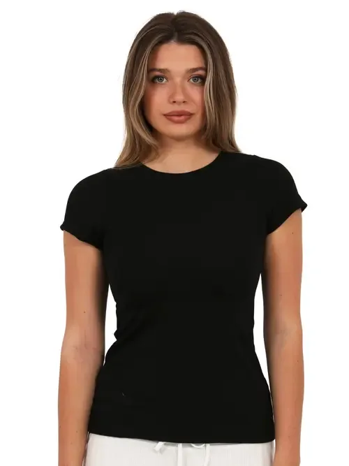 Basic Ribbed Knit Round Neck Short Sleeve Top by 24seven Comfort Apparel