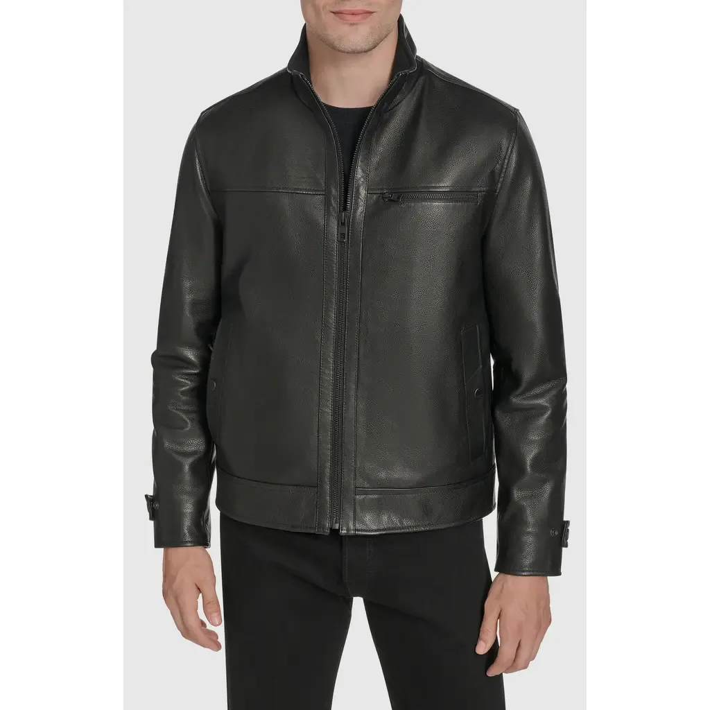 Stand Collar Leather Jacket by Andrew Marc