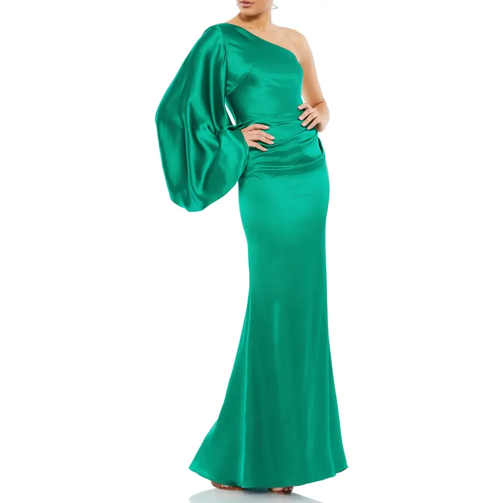 Satin One Shoulder Puff Sleeve Gown by Ieena for Mac Duggal