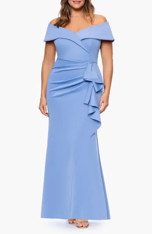 Off the Shoulder Ruffle Scuba Knit Gown by Xscape Evenings