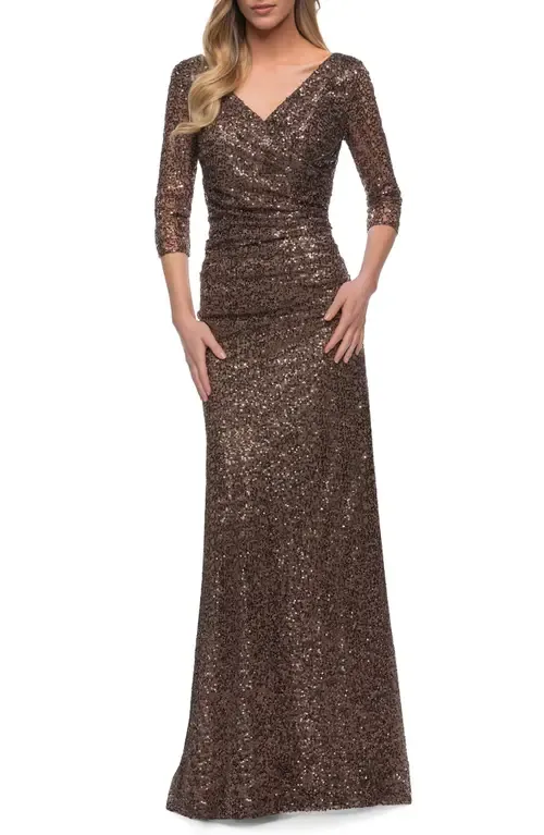 Three-Quarter Sleeve Sequin Dress with Ruching by La Femme