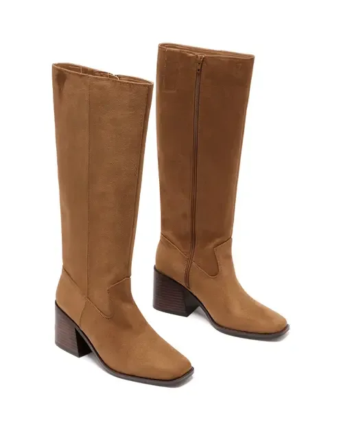Quinn Square Toe Block Heel Tall Boot in Toffee Microsuede by Therapy Australia