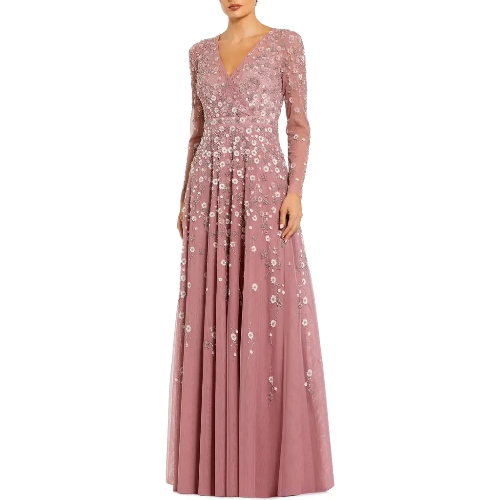 Embellished Wrap Over Illusion Long Sleeve a Line