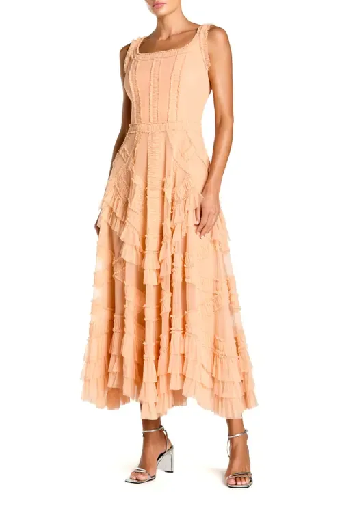 Scoop Neck Sleeveless Mesh Micro Ruffle Midi Dress