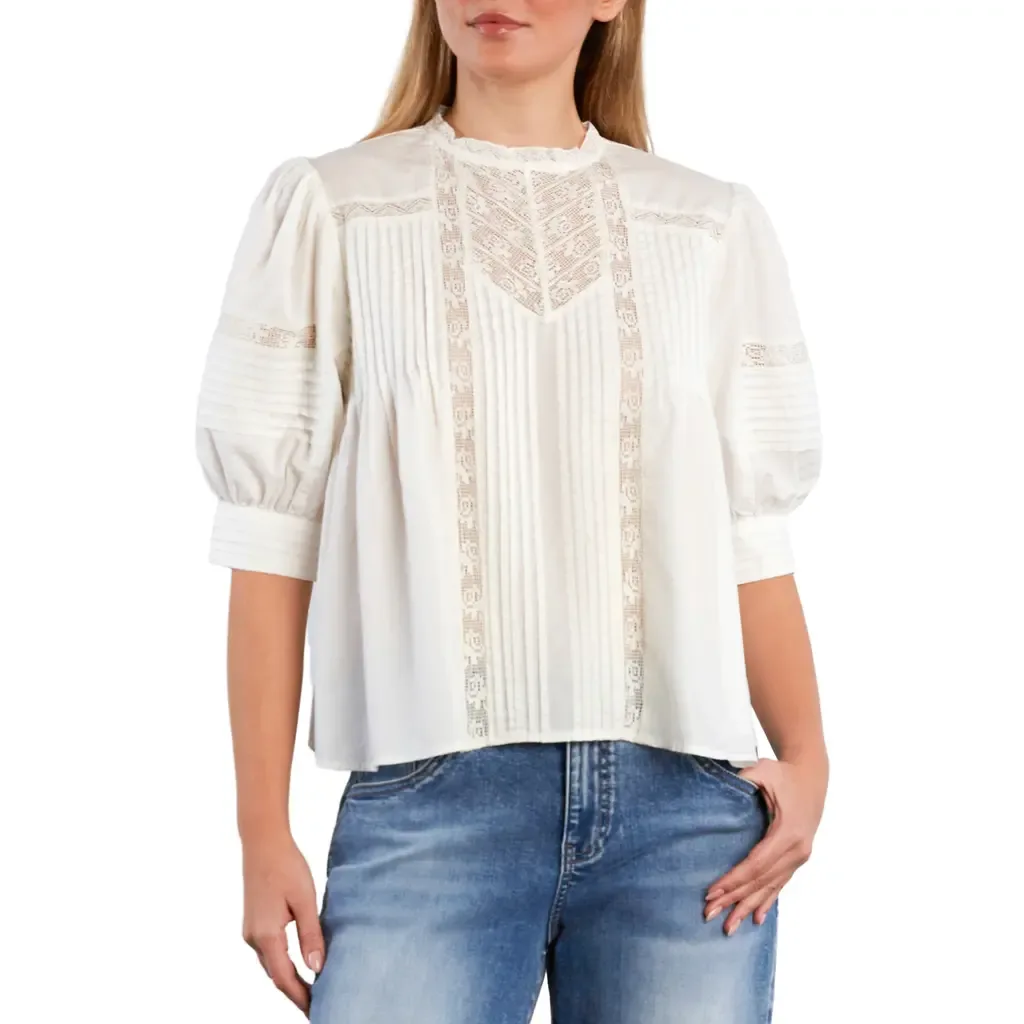 Charmalace Pintuck Lace Inset Cotton Blend Top