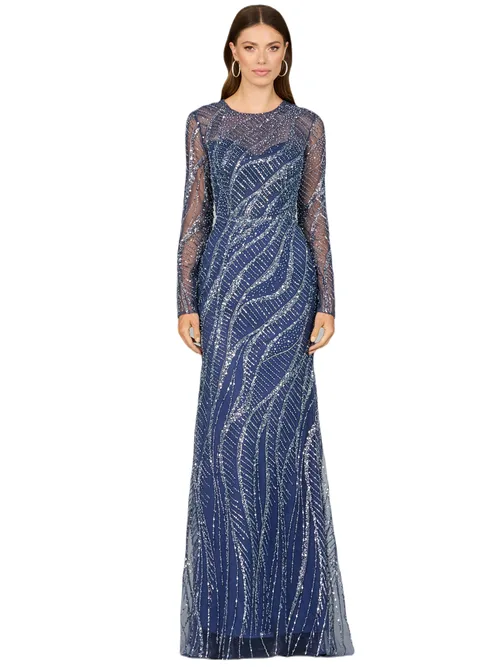 Long Sleeve Sheath Gown with Silver Beads by LARA New York