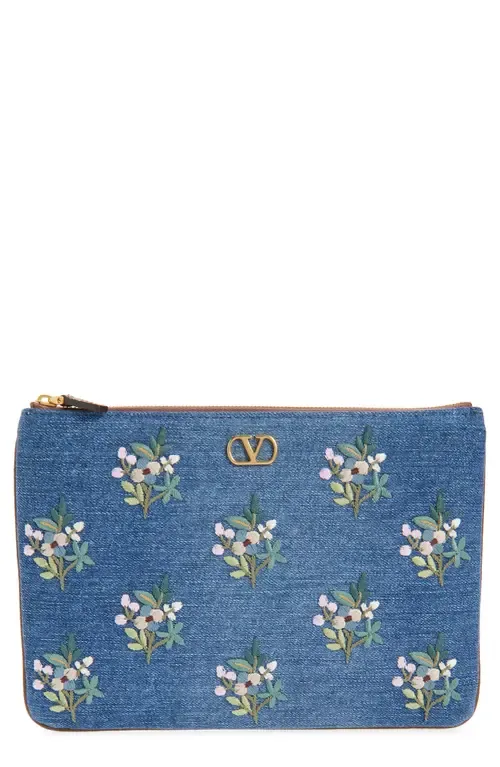Medium VLOGO Embroidered Denim Pouch by Valentino Garavani