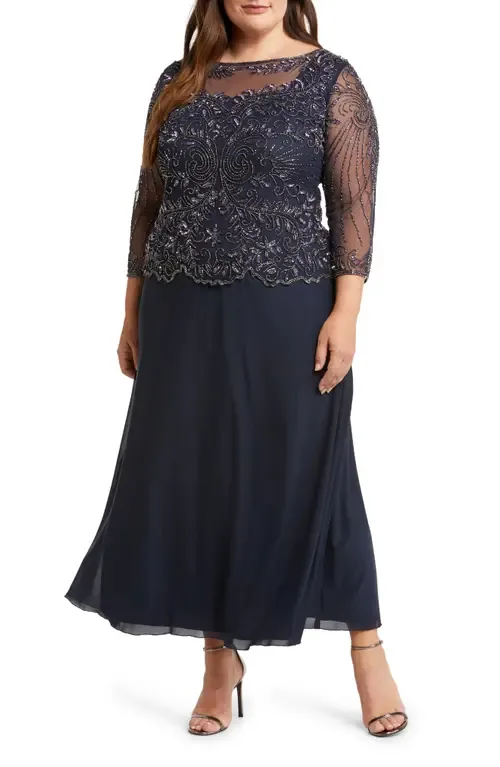 Beaded Mesh Mock Two-Piece Gown