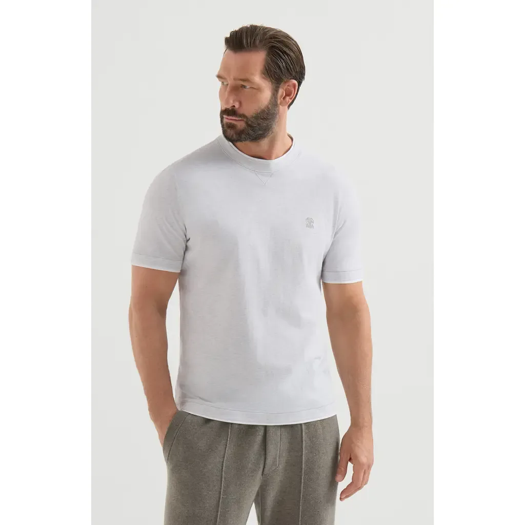 Cotton Jersey Crew Neck T-Shirt with Logo and Faux-Layering by Brunello Cucinelli