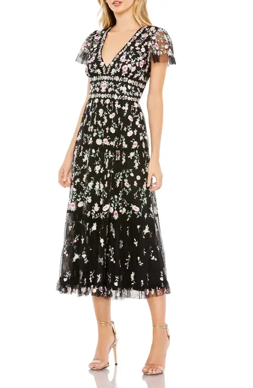 Embroidered V Neck Cap Sleeve Midi Dress by Mac Duggal