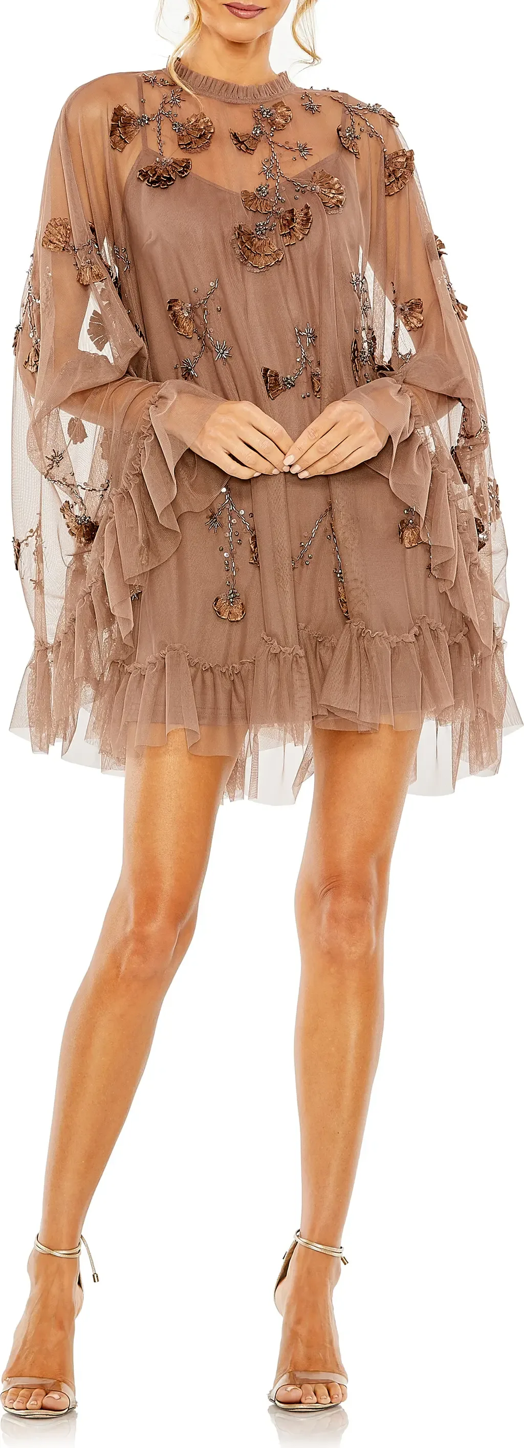 Embellished Long Sleeve Trapeze Dress with Ruffle Hem