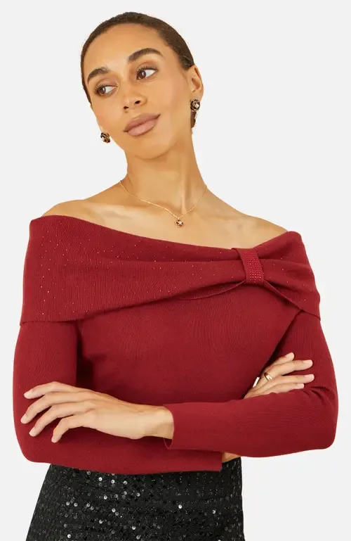 Rhinestone Diamante Bardot Neck Jumper by Yumi