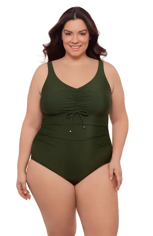 Cinch V-Neck Side Shirred One-Piece Swimsuit by Aqua Green